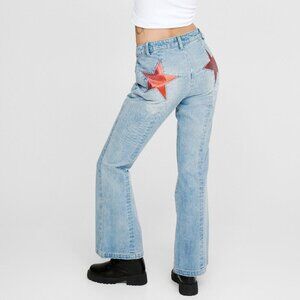 Nasty Gal Light Blue Flare Jeans with Red Star Accents